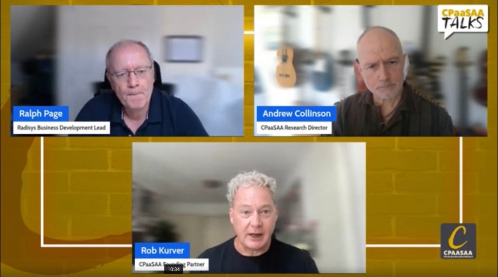 Virtual panel with four speakers: Ralph Page (Business Development Lead), Andrew Collinson (Research Director), Rob Kurver (Partner); CPAaSAA Talks branding in the background.