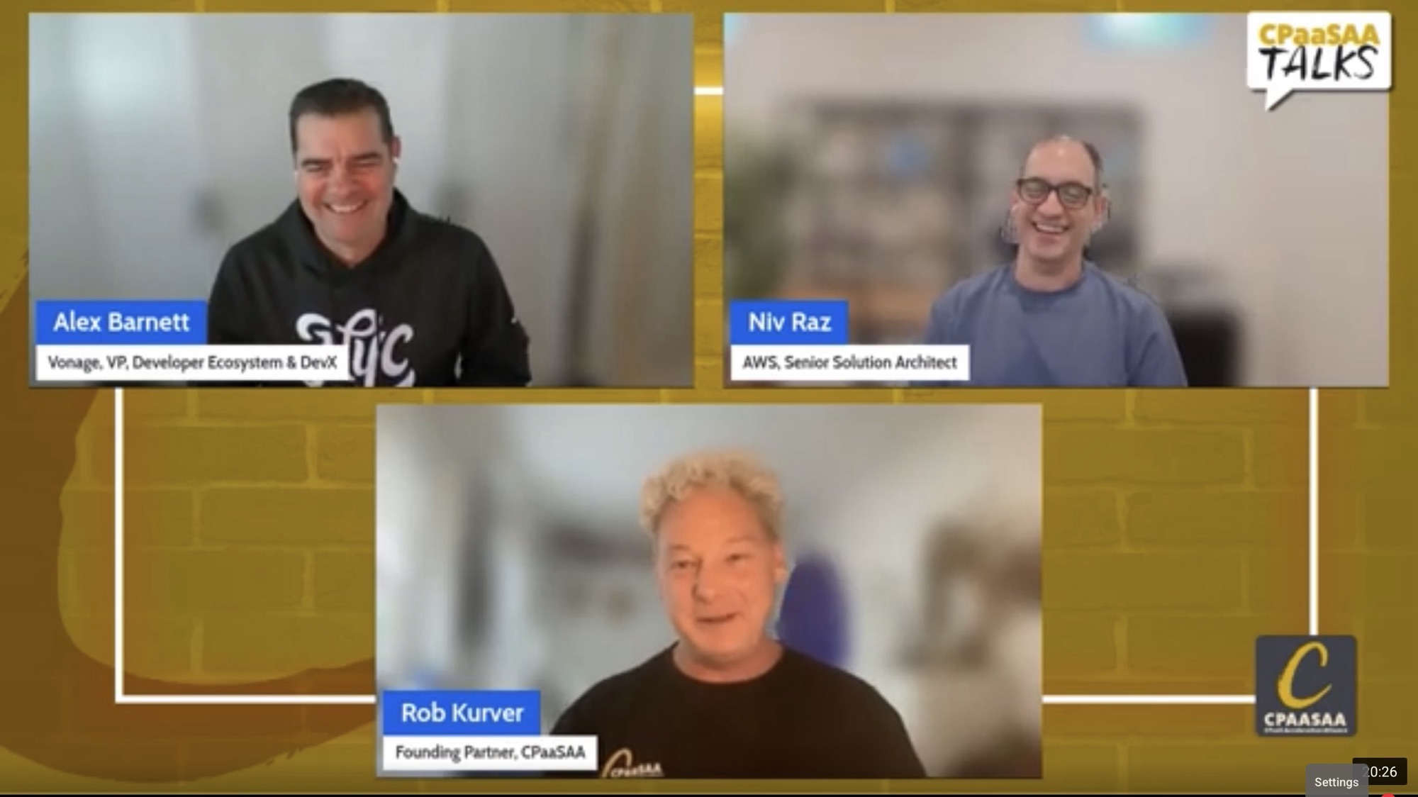 Video collage of four speakers in a CPaaSAA Talks panel, with name tags for Alex Barnett, Niv Raz, Rob Kurver, and another participant, plus the CPaaSAA Talks logo.