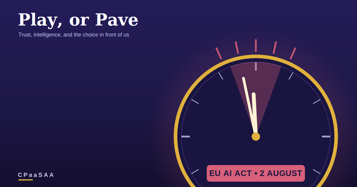 Hero illustration: a dark navy gradient background with a large clock-like circle and a pink badge reading 'EU AI ACT • 2 AUGUST' near the bottom rim