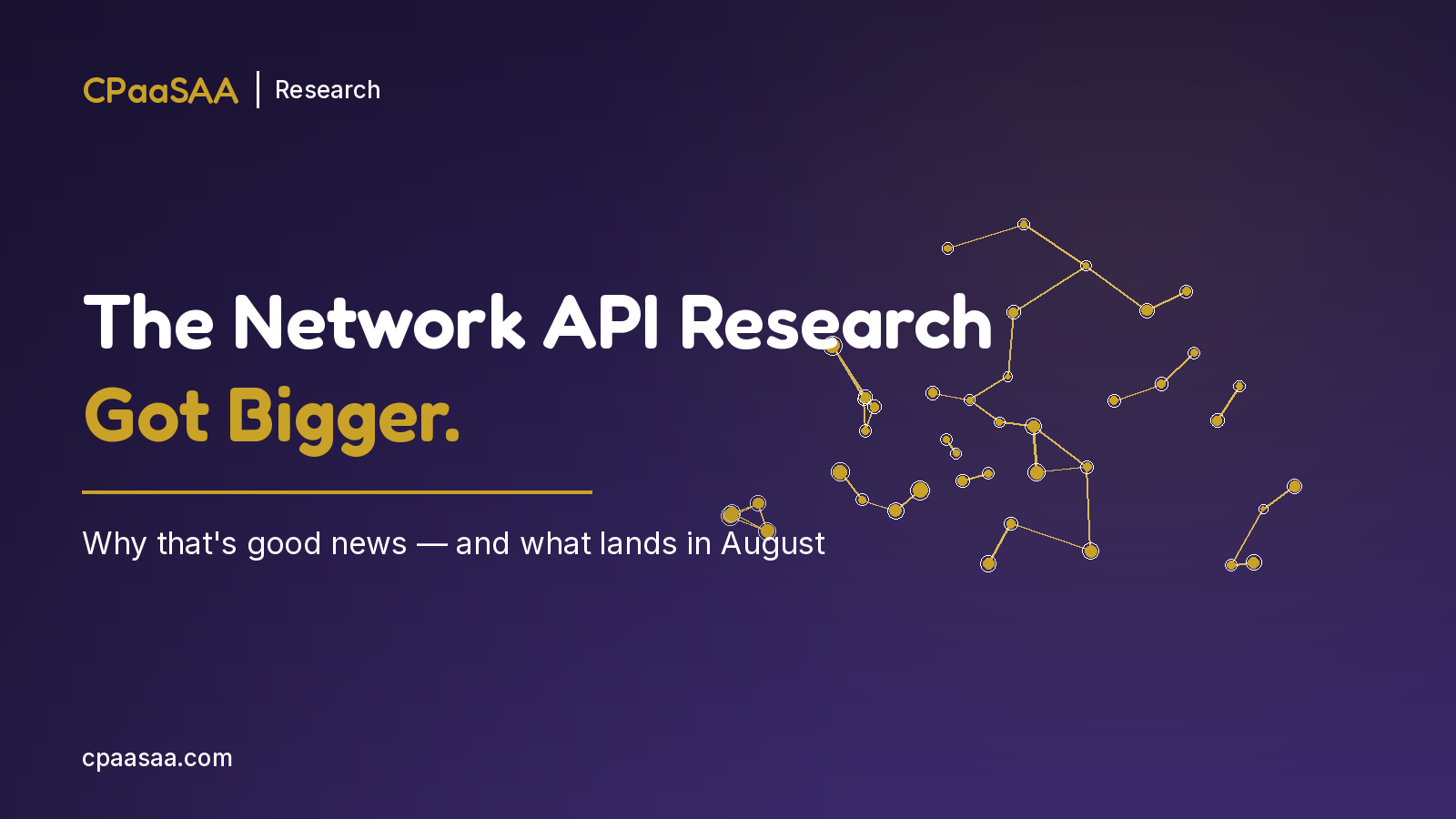 CPaaSAA Research hero: 'The Network API Research Got Bigger' with a gold connected-node diagram on the right against a dark purple background.