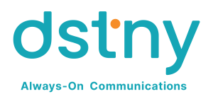 dstiny logo in teal with an orange dot on the 'i' and the slogan 'Always-On Communications'